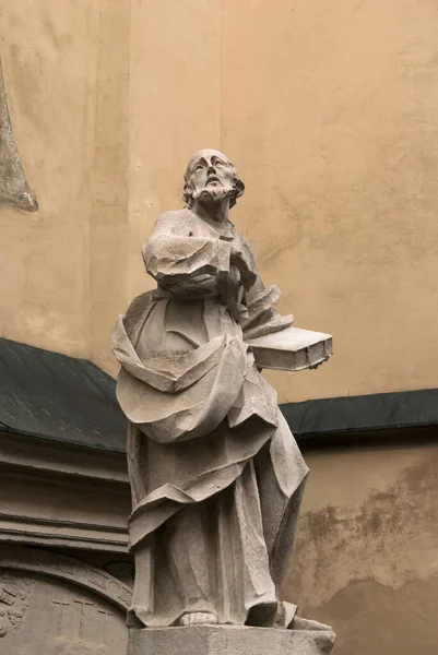 Monument Staty Bakgrunden Kyrkan Lviv — Stockfoto