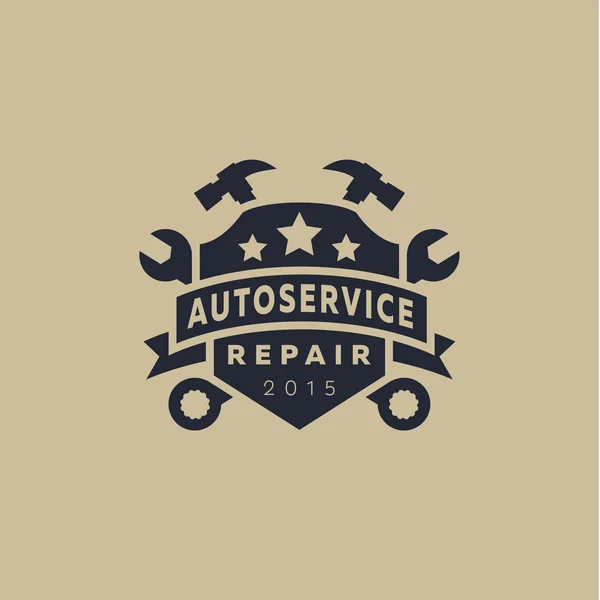 Service de réparation automobile, armoiries bouclier, clé, marteau, logo signe étoile plate . — Image vectorielle