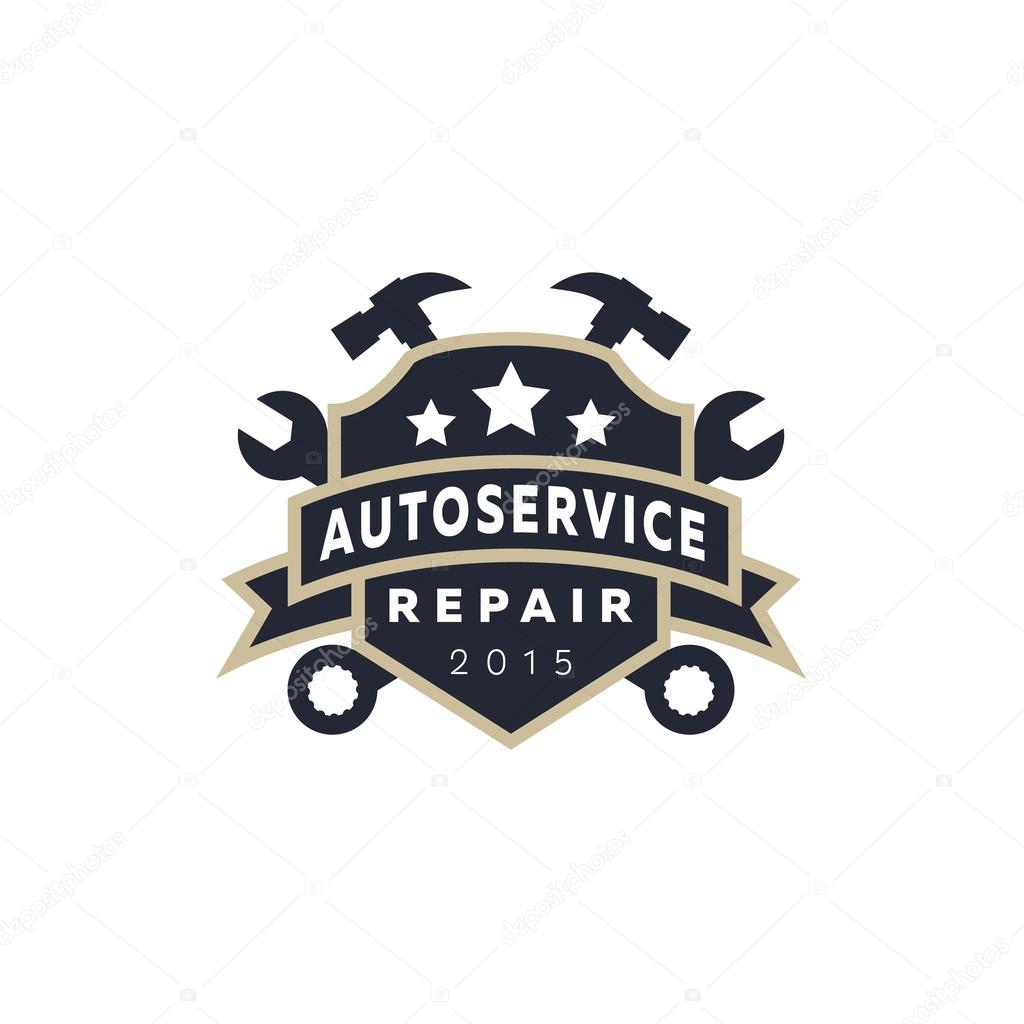 Service auto repair, coat of arms shield, wrench, hammer, logo sign flat star.