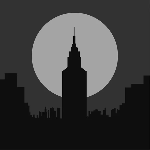 Sötét, komor éjszakai város lapos sziluett illusztráció — Stock Vector