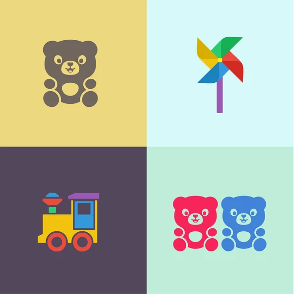 Niños juguete osito de peluche y locomotora tocadiscos iconos planos ilustraciones logo — Vector de stock