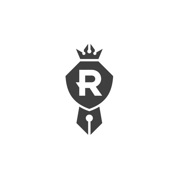 Escudo é compatível logotipo emblema coroa caneta com letra R, sinal de qualidadeo minimalismo — Vetor de Stock