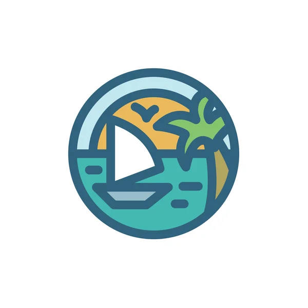야자수와 태양 갈매기 선형 삽화 꿈의 섬 주위를 항해 하는 요트 — 스톡 벡터