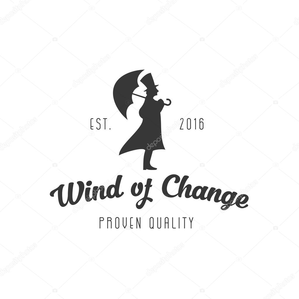 Man stands in the wind with Umbrella  raincoat and cylinder is vector silhouette logo vintage modern style flat art