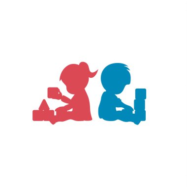 Çocuk oyuncakları kardeşi ve kız kardeşi ile birlikte eğitim oyun çocuklar nitel modern vektör logosu tarzı için düz oyun
