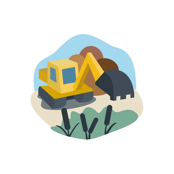 Excavadora en el trabajo de tierras pantanosas cerca de cañas, logotipo, ilustración, ilustraciones vectoriales modernas para su negocio — Vector de stock