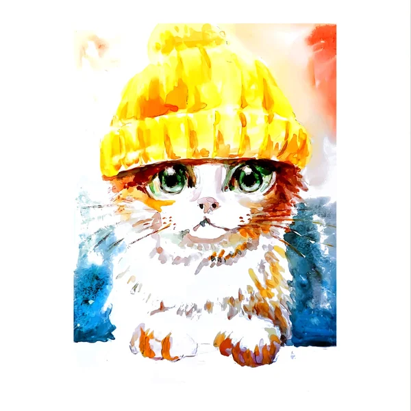 Sevimli kedicik şapka tarzı benzersiz kalite resim partretnaya tekniği illüstrasyon vektör suluboya resimler, oturur