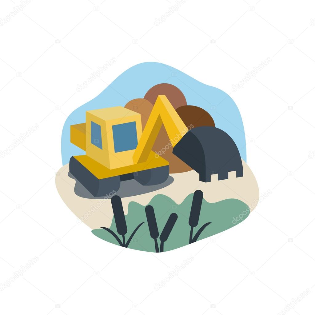 Excavator on the marsh land work near the reeds, logo, illustration, modern vector illustrations for your business art