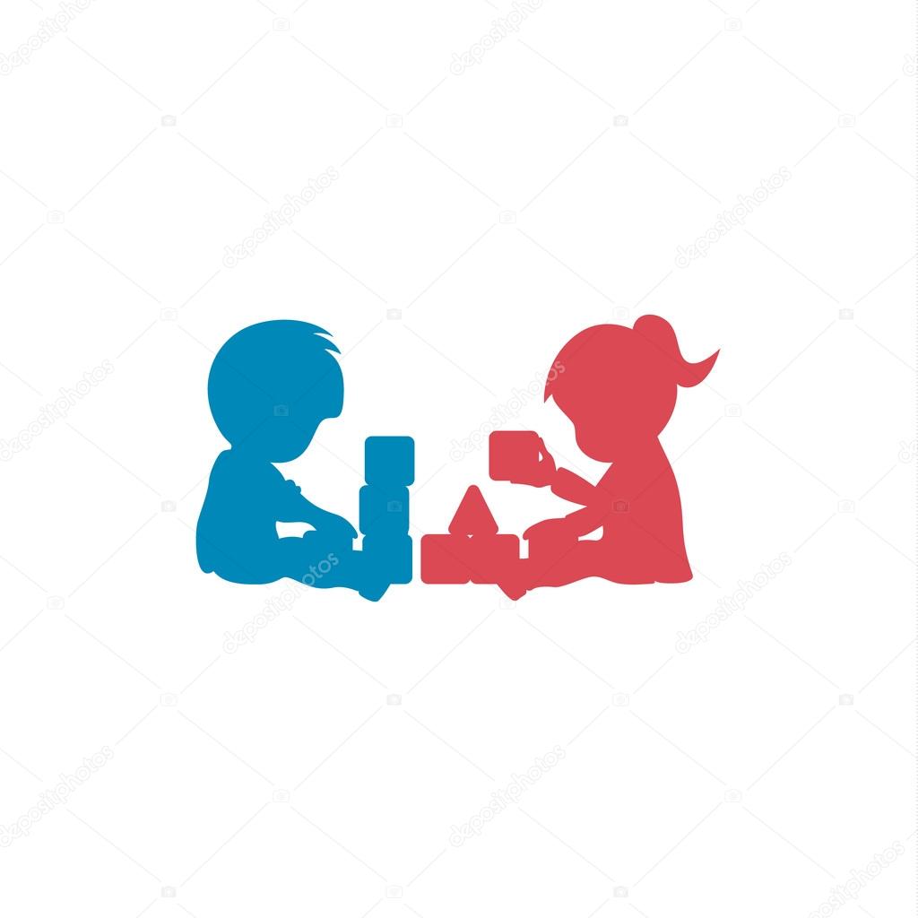 Children playing into cubes with fun pyramid collect kid in kindergarten vector logo flat style design art