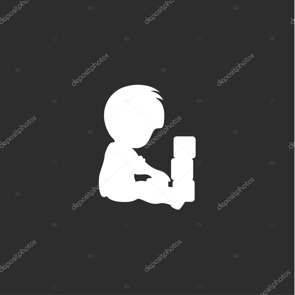 Boy child playing educational games, kid playing into cubes, silhouette baby on a dark background, a vector logo design monochrome art
