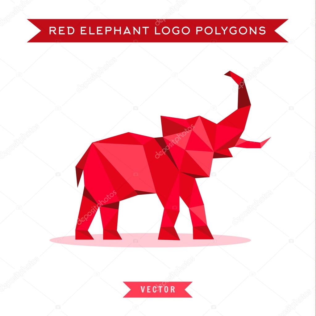 Red elephant logo with reflux and low poly geometry, vector illustration