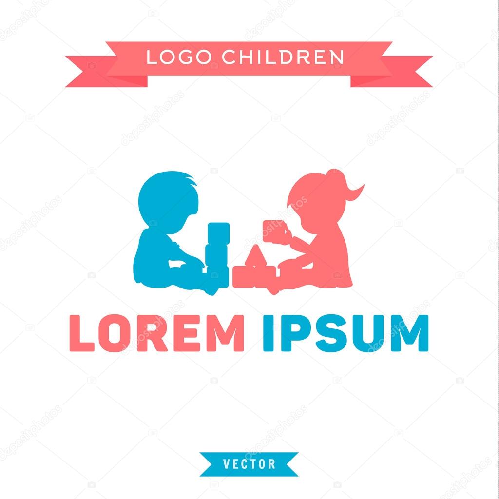 Logo, children playing with blocks, boy and girl, vector illustration