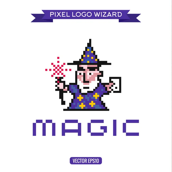 Logo pixel arte feiticeiro mágico magia, ícone ilustrações vetor —  Vetores de Stock