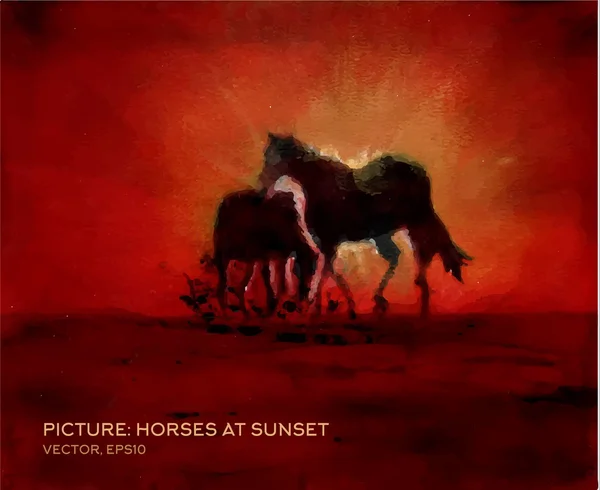 Horses at sunset, oil painting on silk in vector form — Stock Vector