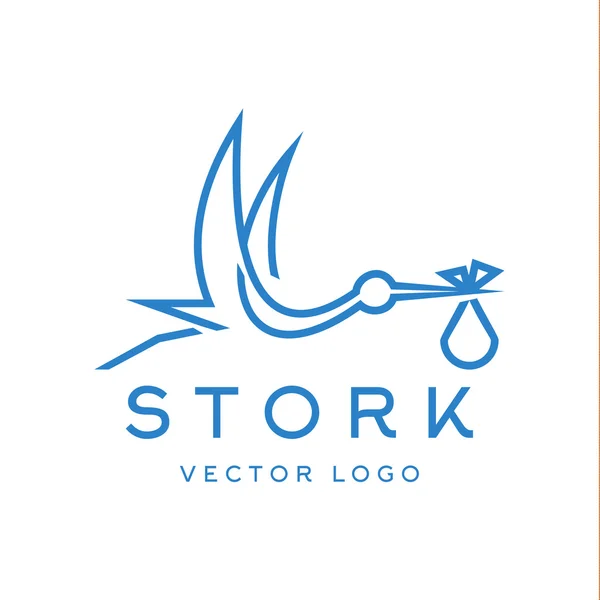 Stork traz bebê, logotipo da marca na moda esboço — Vetor de Stock