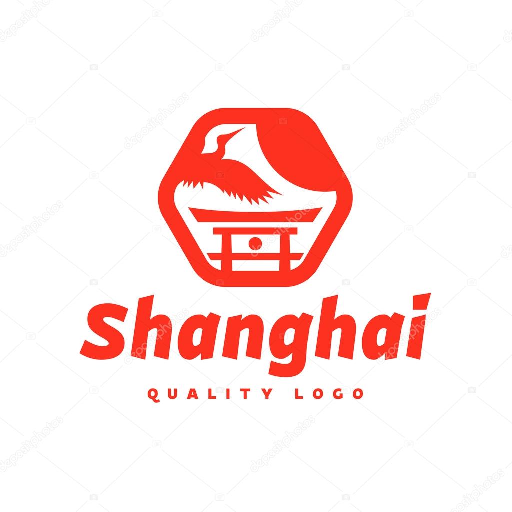 Asian sign Shanghai crane flies sky culture tradition asia sun symbol logo icon trend and style flat