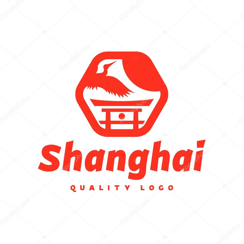 Asian sign Shanghai crane flies sky culture tradition asia sun symbol logo icon trend and style flats