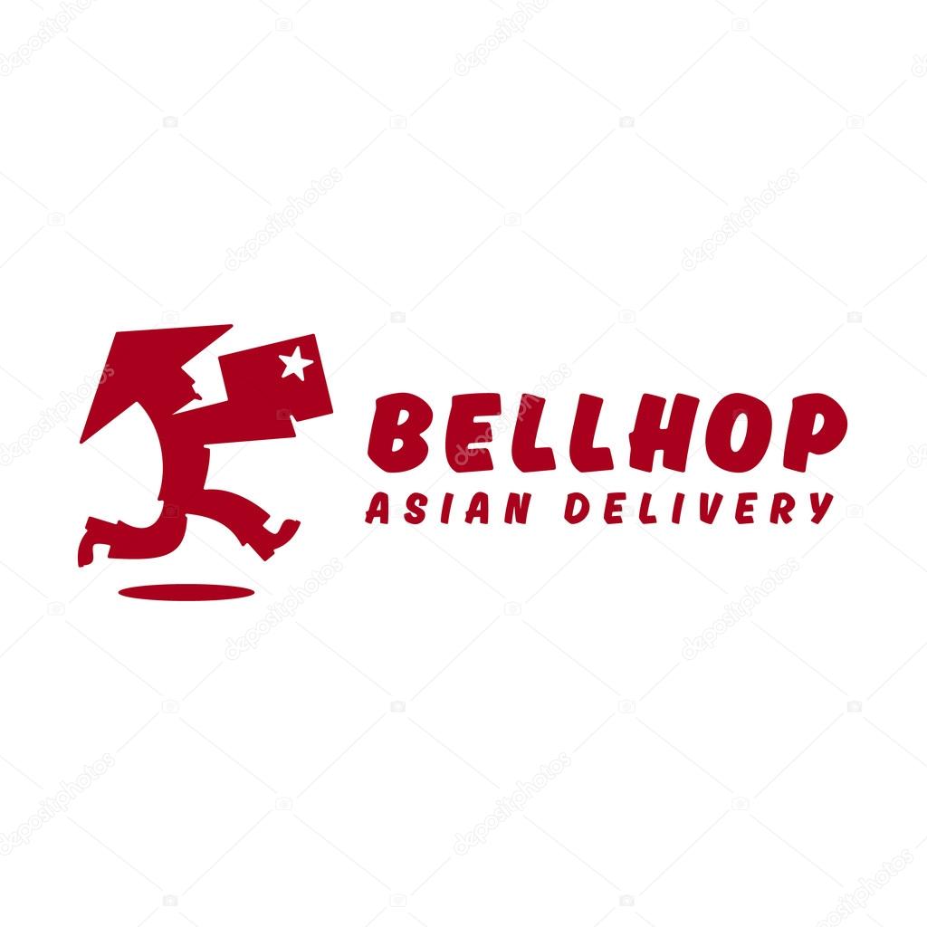 Asian deliveryman runs speed delivery cargo box hat beard Chinese brings parcel logos