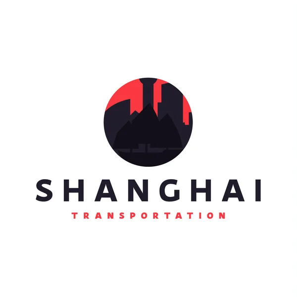 Shanghai Stadt der Schatten China Gebäude Sonnenuntergang roter Vektor Logo Illustrationen, starker Trend flach — Stockvektor
