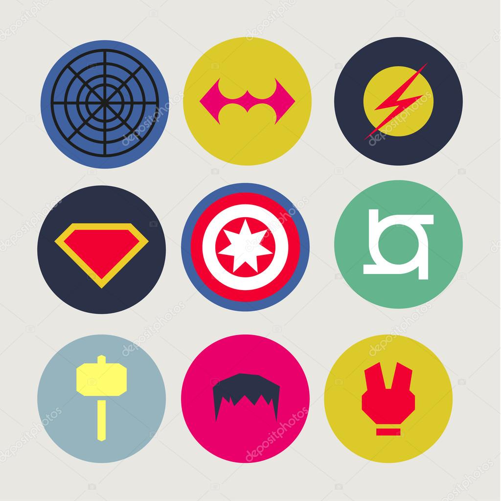 Icons, abstract, tweaked for superheroes and supervillains, flat style vector art
