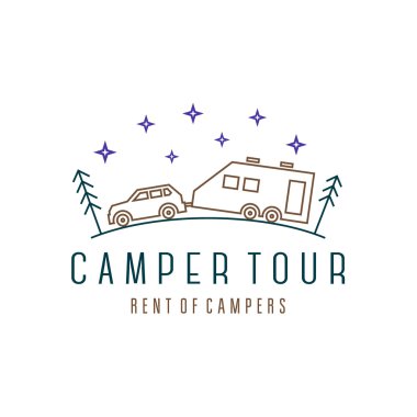Vehicle with trailer camper in the woods at night wind illustration, camping among pines and firs