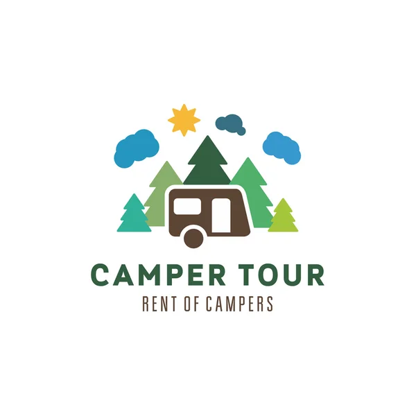 Camping in the woods clouds sun outdoor recreation camper vector illustrations flat — ストックベクタ