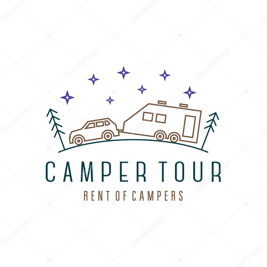 Vehicle with trailer camper in the woods at night wind illustration, camping among pines and firs