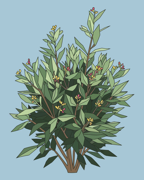 Detailed illustration of a lush green shrub featuring delicate yellow flowers and small red berries. Perfect for garden design, botanical branding, and nature-themed graphics. A high-quality plant asset for professional creative projects today!