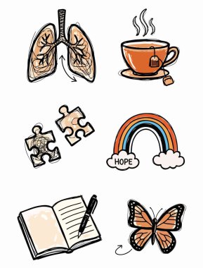 Ruh sağlığı ve sağlık kavramları için ilham verici sembollerin bir derlemesi, içinde umut, bulmaca, kelebek, akciğerler, kalemli bir kitap ve bir fincan kahve, pozitifliği, farkındalığı ve kendine bakımı teşvik eden bir gökkuşağı,.