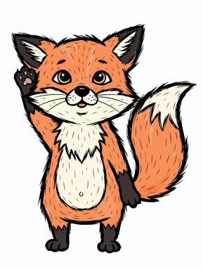 Çekici bir çizgi film tilkisi, beyaz bir arkaplan üzerine kurulu dostane bir ifadeyle size el sallıyor. Bu neşeli illüstrasyon canlı turuncu kürk ve canlı bir tavır içeriyor. Tasarımlarınıza biraz kapris katmak için mükemmel..