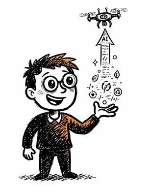 Neşeli bir işadamı, modern bir iş ortamında yenilik ve geleceğin teknolojisini temsil eden uçan bir dron ve yapay zeka sembolleriyle hevesle meşgul oluyor..