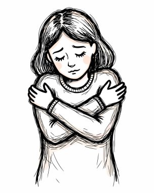 A poignant illustration of a young woman embracing herself with a sorrowful expression, conveying a sense of loneliness and emotional pain.