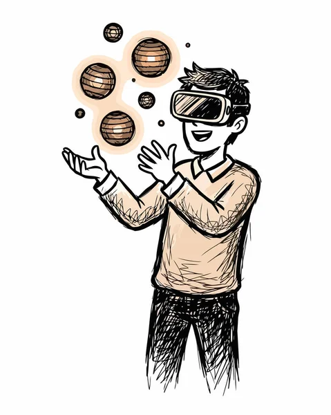 VR kulaklıklı adam interaktif yüzen kürelerle sanal uzayı keşfediyor, gelecekteki teknolojiyi ve deneyimi somutlaştırıyor.