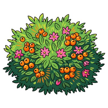 Bu canlı vektör illüstrasyonunda bol portakal böğürtlenleri ve güzel pembe çiçeklerle bezenmiş yemyeşil bir çalı, doğa temalı grafik tasarım projeleri için mükemmel..