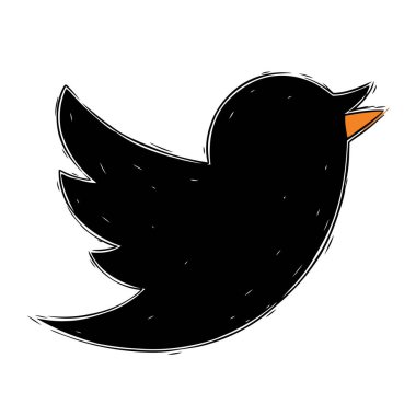 Popüler bir sosyal medya ikonunu andıran, biçimlendirilmiş siyah bir kuşun farklı bir vektör çizimi. Pis bir dokusu ve turuncu gagası var..