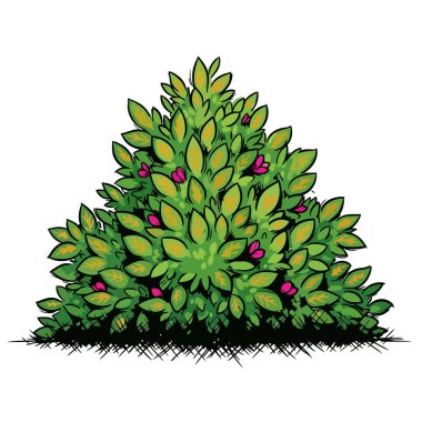 Ayrıntılı, örtüşen yaprakları ve küçük pembe aksanları olan, sık, çiçek açan yeşil bir çalılığın renkli vektör grafik tasarımı, bahçe çizimleri için mükemmel..