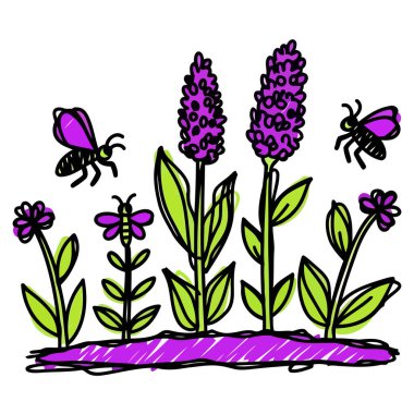 Mor lavanta çiçekleri ve kalın çizgili mor böceklerin vızıltısı ve beyaz arka planda canlı yeşil yapraklar sergilenen enfes vektör illüstrasyonu.