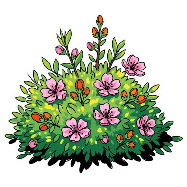 Bu canlı vektör grafik illüstrasyonunda yemyeşil çiçek açan bir çalı var. Narin pembe çiçekler ve bahar projeleri için ideal olan çok sayıda gelişmekte olan portakal tomurcuklarıyla süslenmiştir..