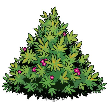 Küçük pembe çiçeklerle süslenmiş, bahçe tasarımları, doğa temaları veya dekoratif unsurlar için mükemmel yoğun yeşil bir çalılığın canlı bir çizimi..