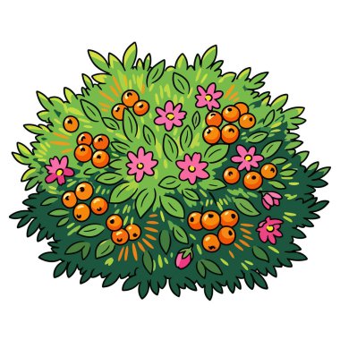 Parlak pembe çiçekler ve bol portakal meyvesi içeren gür yeşil çalı vektör çizimi, çeşitli grafik projeler için mükemmel canlı ve neşeli bir doğal tasarım unsuru yaratıyor..