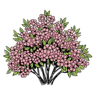 Canlı vektör illüstrasyon grafiği verimli yeşil yapraklı güzel pembe çiçekli bir çalıyı gösteriyor, büyüleyici bir el çizimi taslak stili, çeşitli bahar doğası ve botanik tasarım projeleri için mükemmel..