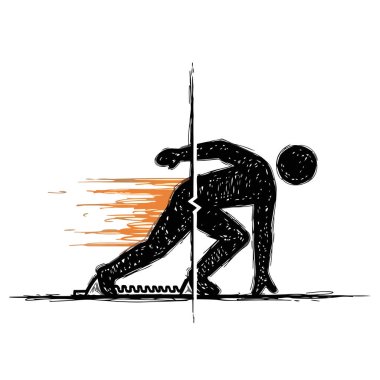 Koşucu illüstrasyonu, bir yarışma ortamında başlangıç bloklarını kullanarak odaklanmış beklemeden ani dinamik hızlanmaya dramatik değişimi sembolize eder..