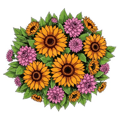 Dairesel vektör grafik çizimi, canlı sarı ayçiçeklerinden oluşan bir buket sunuyor. Narin pembe yıldız çiçekleri ve taze yeşil yapraklarla karıştırılmış. İlkbahar ve yaz dekoratif tasarım projeleri için mükemmel..