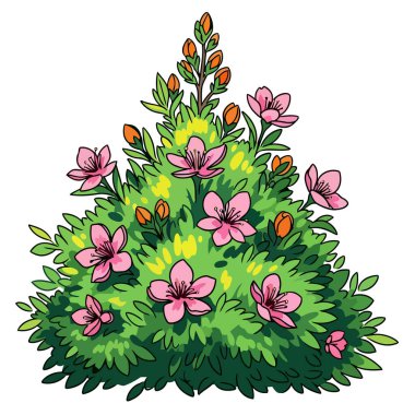 Zarif pembe çiçekler ve küçük turuncu çiçek tomurcuklarıyla süslenmiş yemyeşil bir çalılığın büyüleyici bir çizimi, temiz beyaz bir arkaplan üzerine kurulmuş..