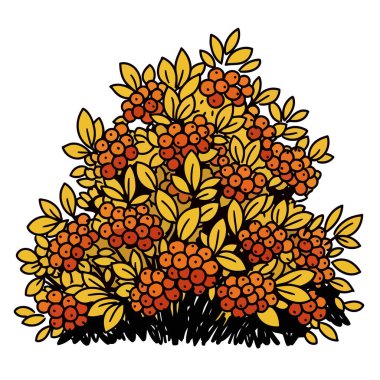 Parlak kırmızı böğürtlenler ve altın sarısı yapraklarla dolu, sonbaharın zengin renklerini yakalayan çalılığın büyüleyici bir çizimi..