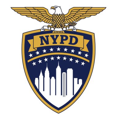 Çarpıcı New York şehri polis teşkilatı ambleminde koyu mavi kalkanın üzerinde, gökyüzü siluetini ve yıldızlarını gösteren ve düzeni temsil eden heybetli bir altın kartal görülüyor..