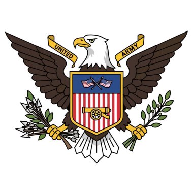 Amerikan bayrakları ve toplarıyla vatansever bir kalkan taşıyan kel bir kartalın resmi amblemi. Elinde bir demet ok ve zeytin dalı tutarak askeri gücü, barışı ve ulusal savunmayı temsil ediyor..
