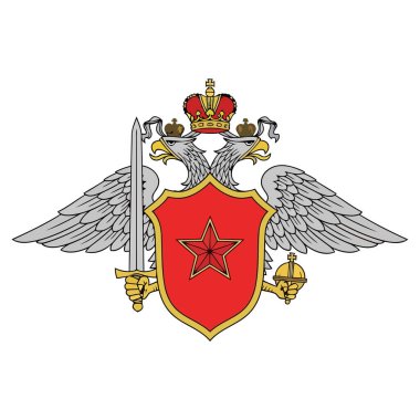 Bir devlet askerinin ya da güvenlik teşkilatı ambleminin detaylı bir çizimi. Yıldız çizgisi olan kırmızı bir kalkanın etrafında duran geleneksel kraliyet unsurlarını tutan çift başlı bir kartal..