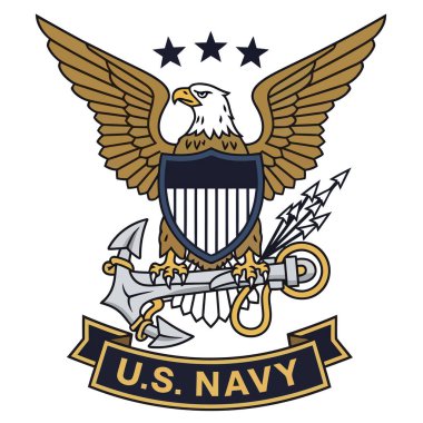 Stylize edilmiş ABD Donanması amblemi, kalkanı, üç yıldızı, çapası ve okları olan güçlü bir kel kartalı tasvir ediyor. Amerikan deniz kuvvetlerinin gücünü, hizmetini ve ulusal gururunu temiz bir vektör tarzıyla temsil eder..