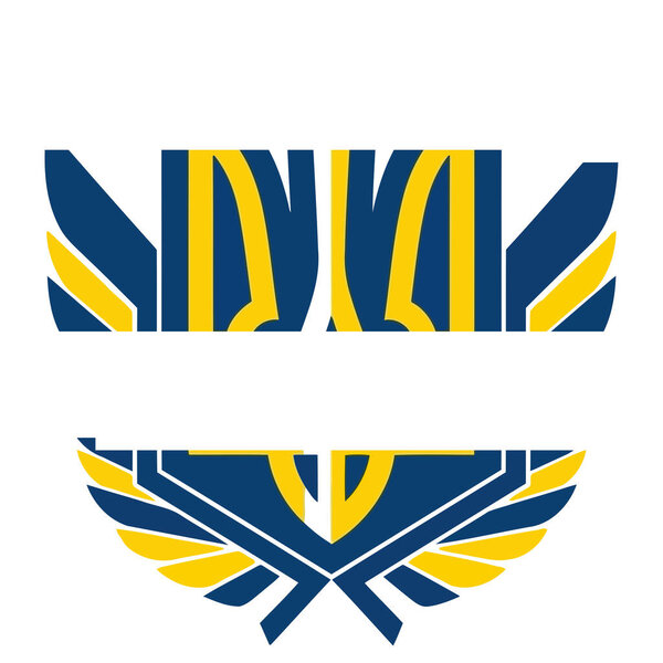 Stylized Ukrainian national emblem, the Tryzub, depicted in vibrant blue and yellow colors. This iconic symbol of national identity, heritage, and resilience stands proudly, featuring wing-like design elements for a powerful